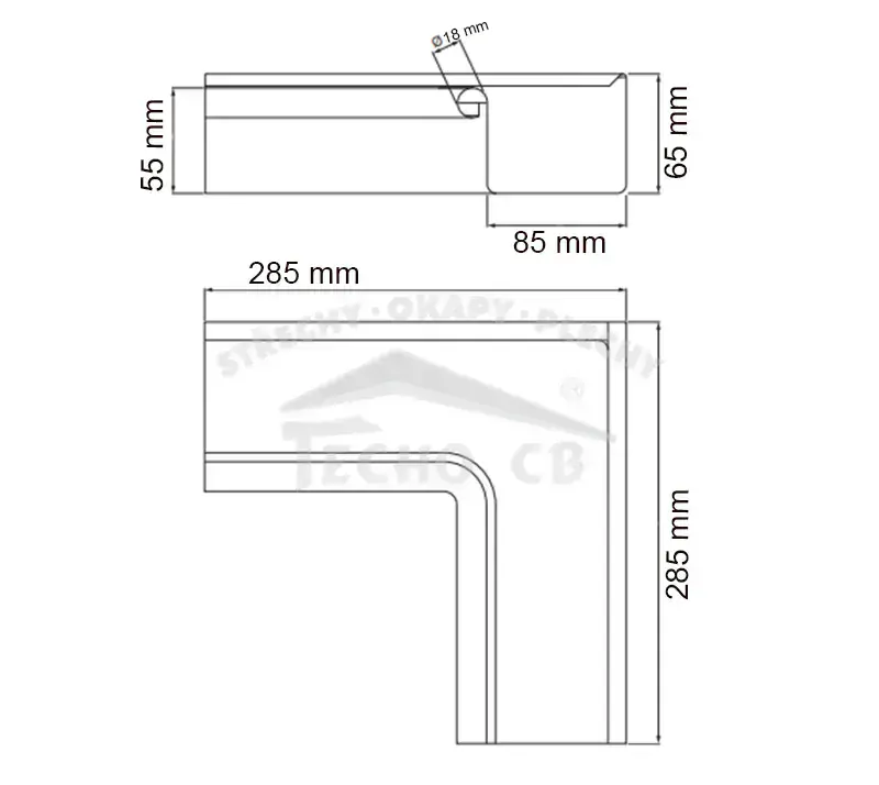 Žlabový kout hranatý 250 pozinkovaný barvený / lakovaný bílo hliníková RAL 9006